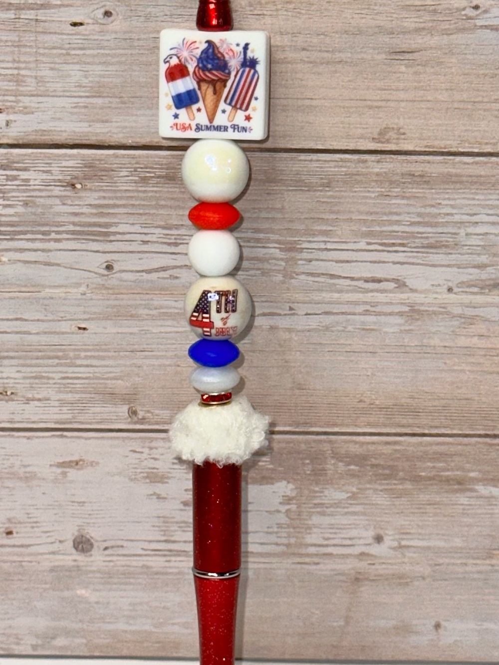 Red, White & Blue Beaded Patriotic Pen - USA Summer Fun Pen